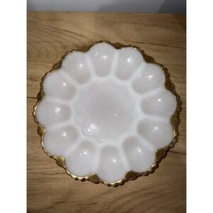 Vintage Anchor Hocking Milk Glass with gold edging egg plate Deviled Eggs 10"